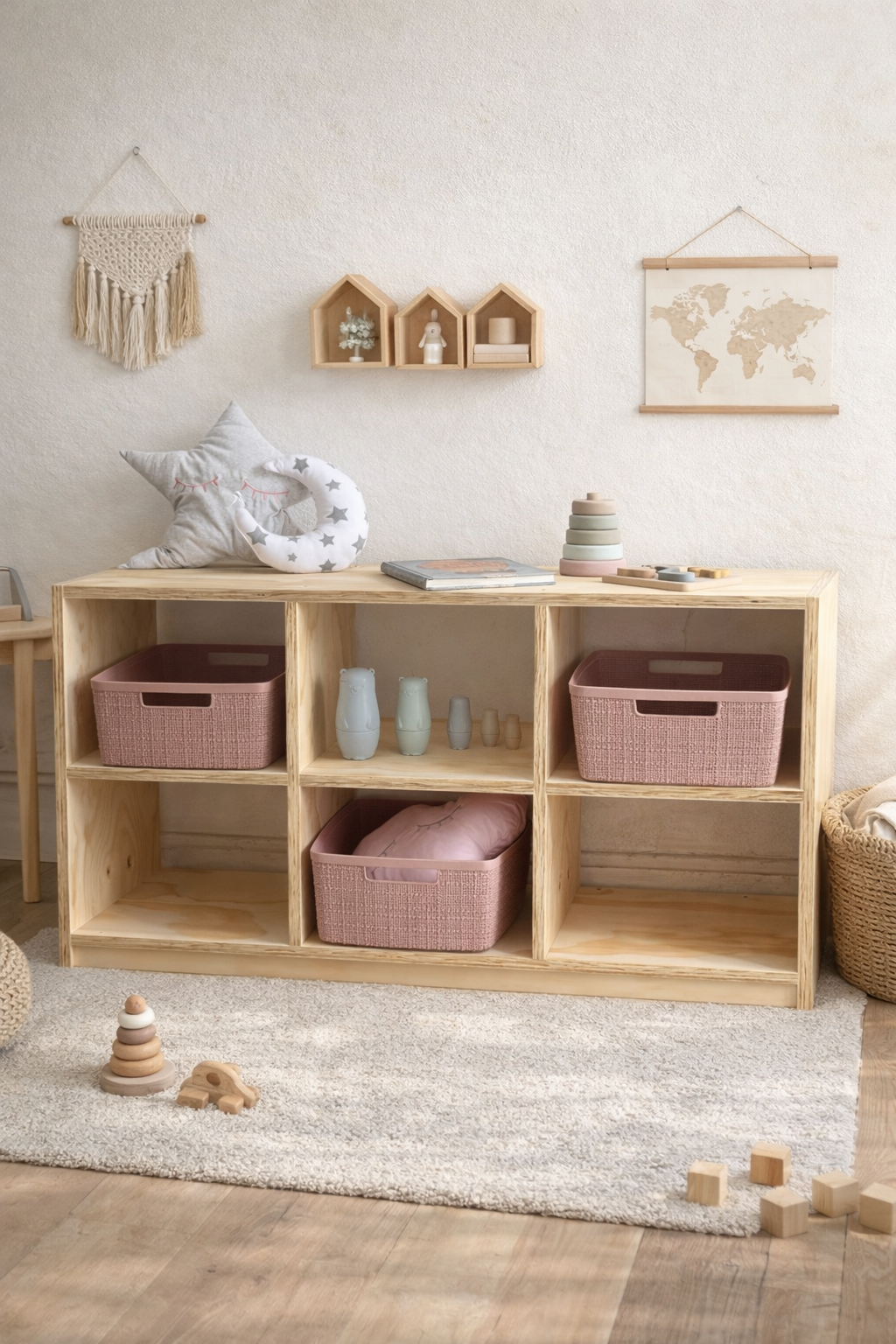 Juguetero de Madera con 6 Divisiones y 3 Cajas