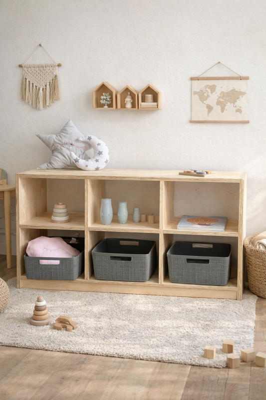 Juguetero de Madera con 6 Divisiones y 3 Cajas